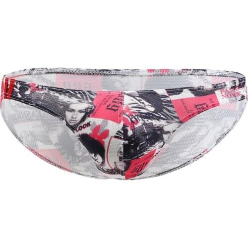 Sexy Men Underwear Print Underpants Ice Silk Briefs Cueca Gay Male Panties Slip U Convex Mesh Breathable Low Rise Shorts