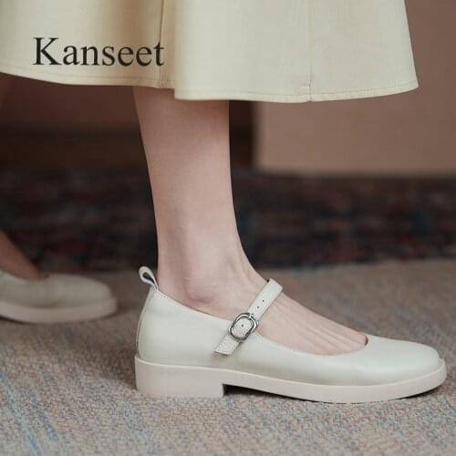 Kanseet 2021 New Women Pumps Spring Autumn Casual Genuine Leather Round Toe Buckle Strap Handmade Dress Shallow Low Heels Shoes