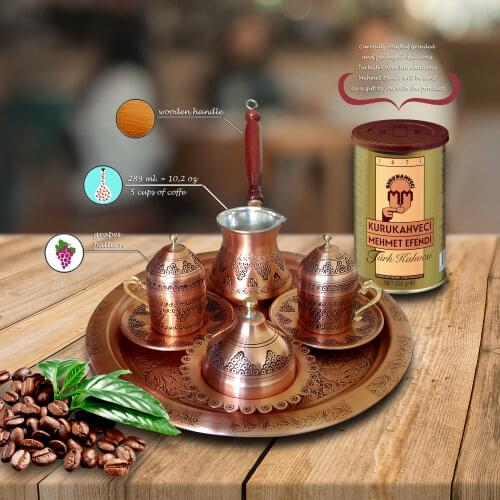 Turkish Coffee Set For Two with Pot, TurkishCopper Coffee Pot, Handmade Copper Coffee Set, with 250 grams of Turkis
