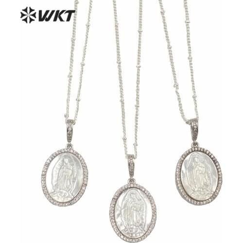 WT-MN968 Hot sales oval shape micropave cubic zircon mother of pearl virgin Mary necklace lady platinums electroplated necklace