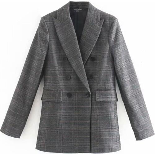 ZA 2020 Casual Plaid Printed Blazers Women Fashion Double Breasted Jackets Women Elegant Long Sleeve Female Ladies AM coat