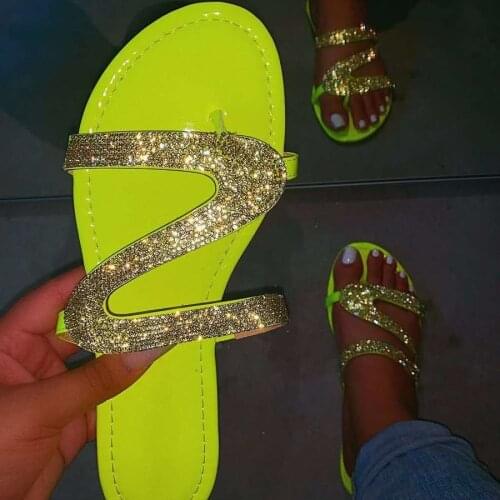 Women BlingBling Rhinestone Flat Casual Slide Sandals Outdoor Slipper Shoes Yellow
