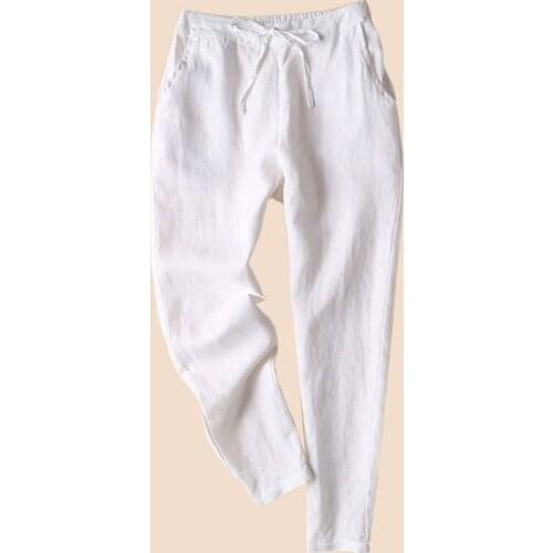 Plus Size Women Cotton Pants Summer Elastic Waist Loose Casual White Harem Pants Womens Pocket Cotton Linen Trousers