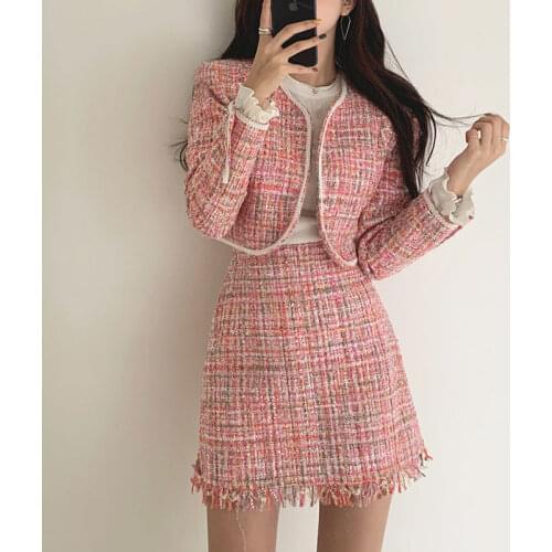 French Style Tweed Short Set Vintage Jacket Two Piece Outfits Women Skirt Set Party Dress Elegant Blazer Crop Top Moda Feminina