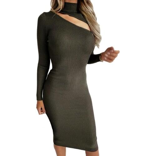 Woman Dress Hollow Out Ribbing High Collar Tight Waist Butt-lift Sweater Dress Hollow Out Pullover dress платье женское