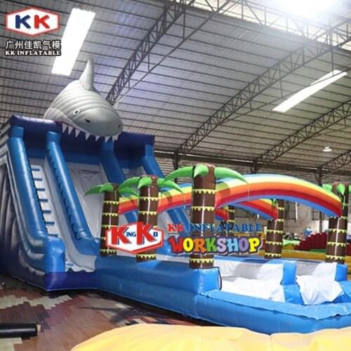 Fun huge inflatable bouncer water park water slip n slide wet dry combo shark water slide with pool