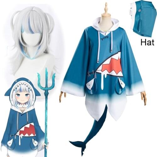 2020 VTuber Gawr Gura Cosplay Costume Hololive English Shark Suit Gawr Gura Wig and Hoodies+Hat+Tail Woman Kawaii Shark Costumes