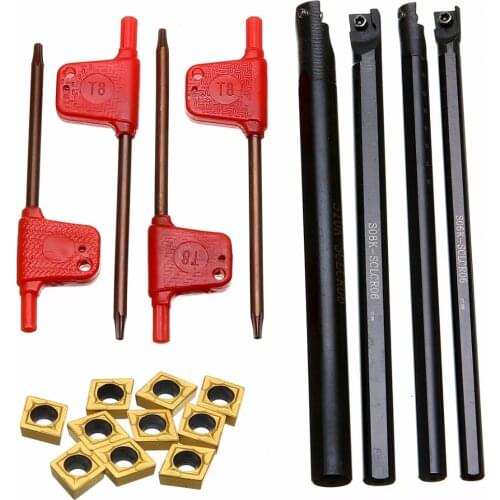 4Pcs 6/7/8/10mm S06K/S07K/S08K/S10K-SCLCR06 Boring Bar +10Pcs CCMT060204 Inserts+ 4Pcs T8 Wrenches For Lathe Turning Tool