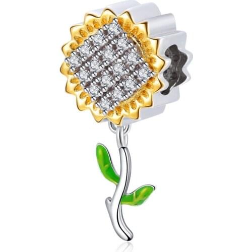 925 Sterling Silver Sunflower With Zircon Charm Fit Original 3mm Bracelet&Bangle For Women Birthday Fashion Jewelry Gift BMT024