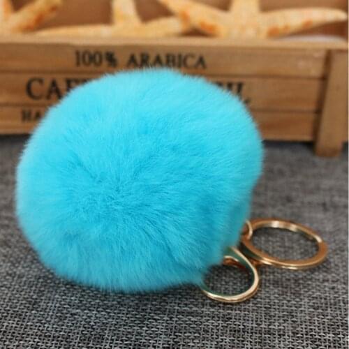 Brand Fluffy Rabbit Fur Pompom 8CM For Bags&Cars Charm Real Natural Fur Balls Genuine Fur TKK005-seablue keyring women