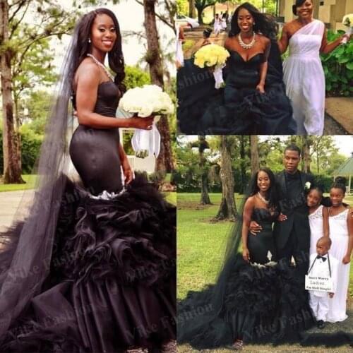 Black Gothic Wedding Dresses Mermaid Layer Ruffles Skirt Sexy Backless South African Arabic Sweetheart Satin Long Bridal Gowns