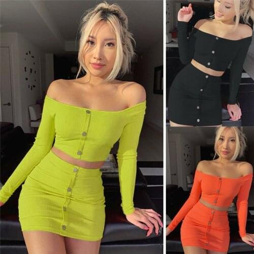 Women Knit Clothes Set Sexy Cold Shoulder Solid T Shirt Crop Top High Waist Pencil Mini Skirt Bodycon Women Clothing Party Club