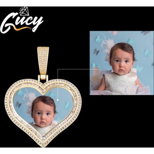 GUCY New Heart Custom Made Photo Roundness Solid Back Pendant & Necklace With Tennis Chain Cubic Zircon Mens Hip Hop Jewelry