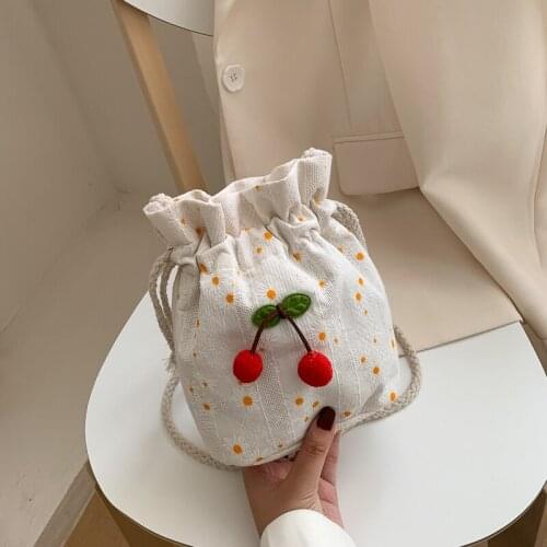 Summer Sweet Girls Canvas String Bucket Bags Casual Floral Lace Crossbody Bags For Women Cute Small Shoulder Bags And Purse