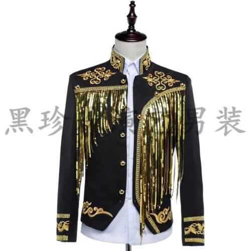 Paillette tassel men suits designs masculino homme terno stage costumes for singers men sequin blazer dance clothes jacket black
