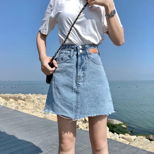 Casual High Waist A-line Denim Skirts With Underwear Women Light Blue Solid Pockets Button Femme All-matched Jeans Skirt