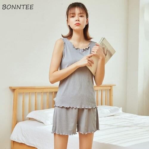 Pajama Sets Women Sleeveless 5 Colors Casual Summer Hot Ladies Sleepwear Solid Soft Comfortable Nightwear Fashion All-match New