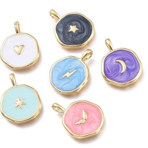10Pcs Mixed Color Enamel Moon Star Heart Lightning Pendant Flat Round Charms for DIY Handmade Jewelry Necklace Bracelet Making