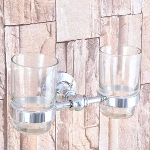 Polished Chrome Brass Double Toothbrush Holder With Glass Cup Wall Mounted Bathroom Accessories aba799