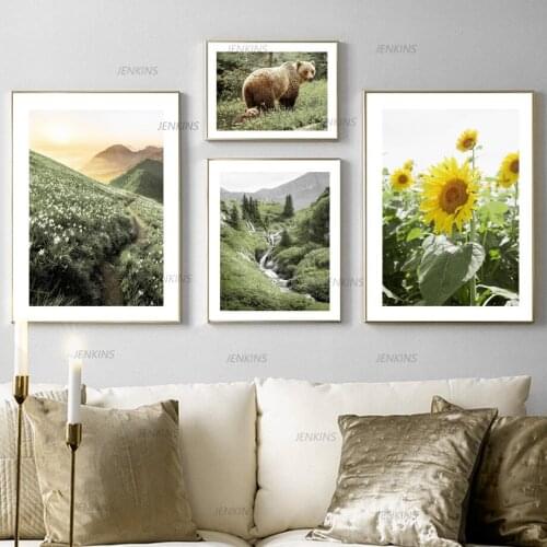 Bear Forest Stream Wildflowers Sunflower Nordic Posters And Prints Green Art Canvas Painting Wall Pictures For Living Room Decor