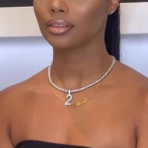 Luxury Rhinestone 1-9 Lucky Angel Number Pendant Necklace Hip-Hop Choker Jewelry for Women Crystal Tennis Chain Collar Necklace