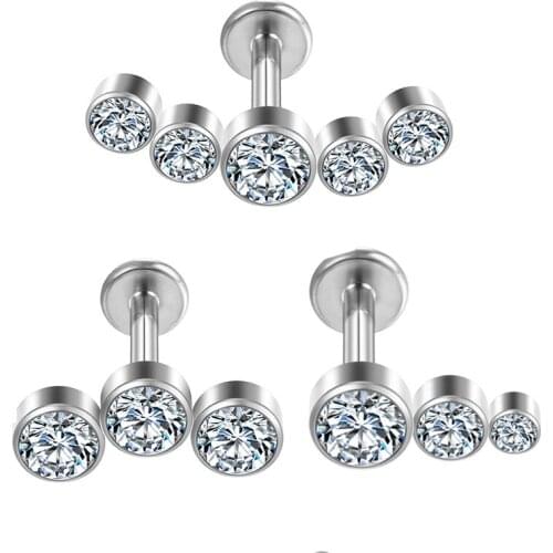 Whole G23 Titanium Labret 3 zircon Stud Earring Ear Cartilage Multi-zircon Lip studsTragus Lip Piercings Tongue Body accessories