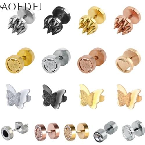 AOEDEJ Stainless Steel Stud Earrings Rose Gold Silver Color Punk Earring for Men Women Hip Hop Barbell Earrings Butterfly Jewely