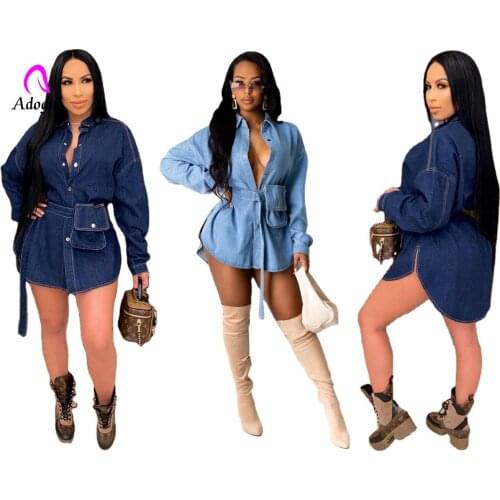 Vintage Denim Mini Dresses Women Sexy Turn Down Collar Full Sleeve Party Coat Dress Casual Buttons Belt Robe Femme Shirts Dress