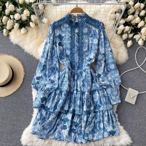 Vintage Autumn Dress 2021 Female Design Hollow Stitching Retro Printing Puff Sleeve Short Dress For Women Elegant Vestidos zh163