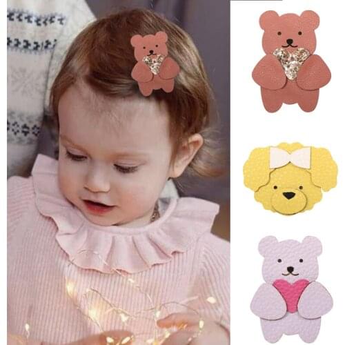 Synthetic Leather Animal Hair Clip for Girls 2pcs/Pack Boutique Cartoon Bear Baby Hairpins Kids Cartoon Barrettes Hair Accessory