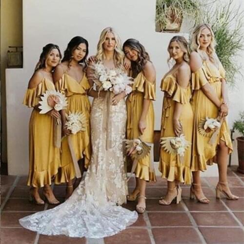 Yellow Ruffles Bridesmaid Dress Spaghetti Guest Wedding Party Dress Short Front Long Back Bridesmaid Gowns vestido dama honor