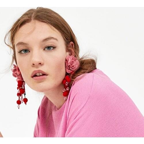 JURAN Bohemian Long Pom Pom Tassel Big Flower Statement Earrings Fringe Drop Earrings Women Ethnic Jewelry Accessories
