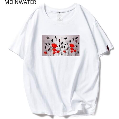 MOINWATER 2020 New Women T shirts White Black Cotton Flowers Print T-shirts Lady High Street Comfortable Tees&Tops MT20010