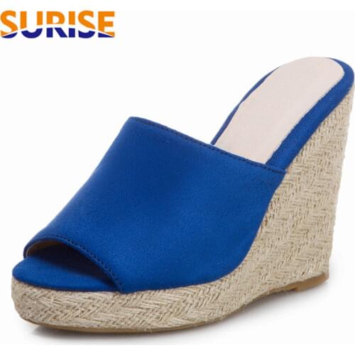 Big Size Women Platform Slides Black Red Flock High Thick Heels Casual Party Club Lady Slip-on Peep Toe Fisherman Wedge Slippers