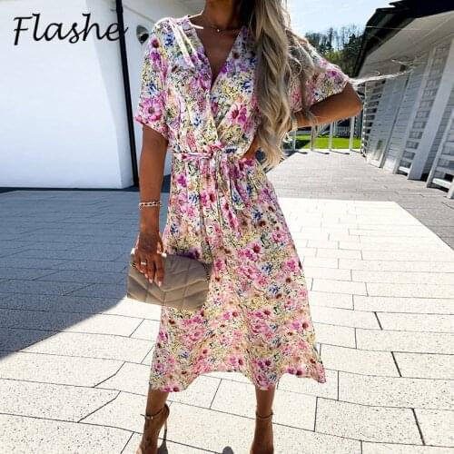 Spring Floral Print Lace-Up Bohemia Dress For Women Summer Sexy V Neck Beach Party Dress Women Casual Short Sleeve Long Dresses