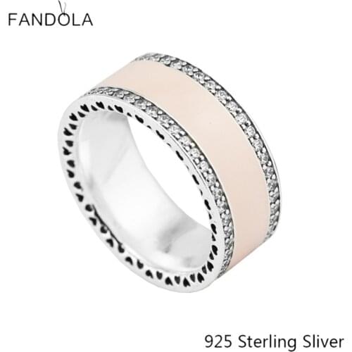 CKK 925 Sterling Silver Hearts of Soft Pink Enamel Rings For Women Original European Style Jewelry Making