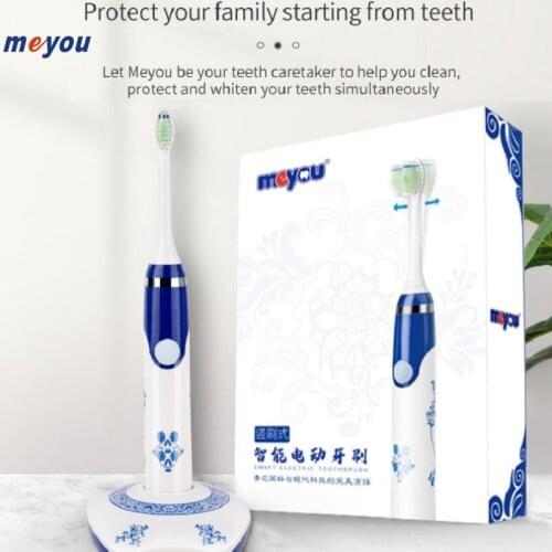 MEYOU Ultrasonic Automatic Sonic Electric Bass Brushing Toothbrush Rechargeable Blue and White Porcelain Replacement Heads Adult