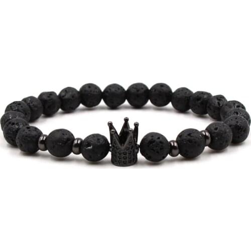 2021 Trendy Natural Black Volcanic Lava Stone Bracelets Bangle Pave CZ Crown Bracelet for Men&Women Charm Strand fashion Jewelry