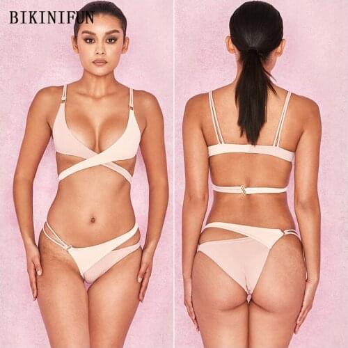 2021 New Sexy Solid Pink Swimsuit Women Cross Chest Asymmetric Bottom Beachwear S-L Girl Backless Bathing Suit Micro Bikini Set