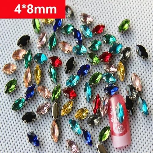 4*8mm Small Marquise Sew on Bead Decoration Scrapbook Fashion Flat Back Silver Setting,Faceted Glass DIY Crafts 50 pcs