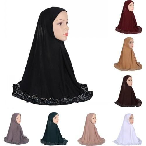 70*70cm High quality medium size muslim one piece amira hijab with rhinestones pull on islamic scarf head wrap ramadan