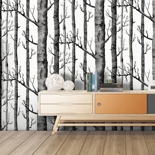 Black And White Vinyl Wood 3D Self Adhesive Contact PaperBirch Tree Peel And Stick Wallpaper For Background Wall Home Decortion