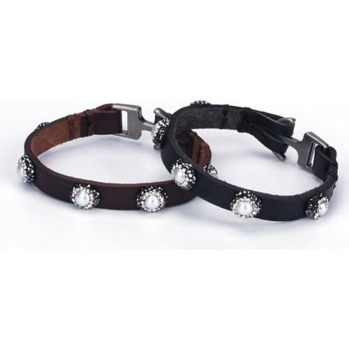 Dankaishi Vintage Geniues Leather Bangle Bracelet for Women Men Bohemian Ethnic Stylish Freshwater Pearl Charm with Rhinestone