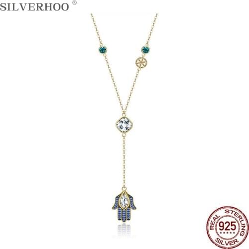 SILVERHOO 925 Sterling Silver Necklace For Women Lucky Hand With Lucky Flower Double Pendant Necklaces Romantic Gift Best 2020