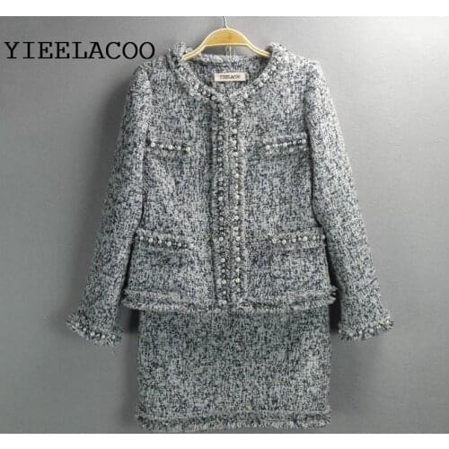 Gray tweed jacket + skirt suits hand-beaded Spring /Fall / Winter new ladies coats 2-piece skirt suit office Womens Jackets