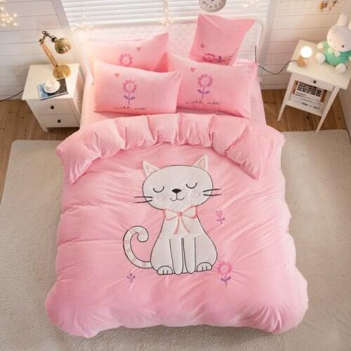 Pink Fleece fabric luxury Bedding Set twin queen king size bed set Bedsheets linen cute cat Duvet cover set