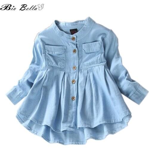 Fashion Girls Blouse Long Sleeve Cotton Soft Kids Denim Shirts Spring Autumn Clothing Blue Ruffles O-neck Kids Clothes
