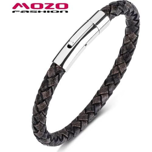MOZO Fashion Bangles Retro Leather Stainless Steel Snap Button Casual Jewelry Men Women Bracelets