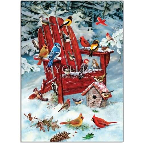 Cartoon 5d DIY Diamond Painting Adirondack Birds Embroidery Cross Stitch Full Rhinestone Mosaic Winter Birdhouse Home Decor Art