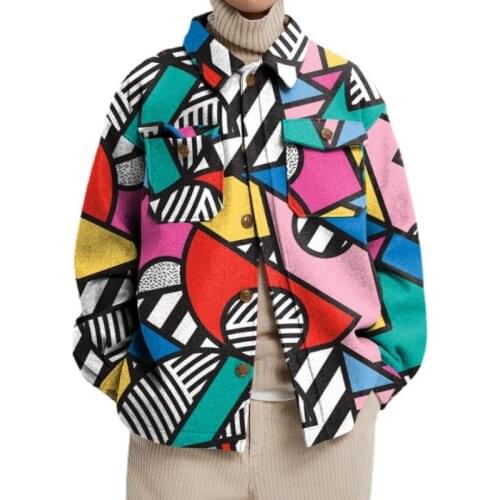 Mens Casual Coat Loose Shirt Tops for Youth Autumn Spring Mens Fashion Clothing Geometric Printing Breasted Men Jacket MY467